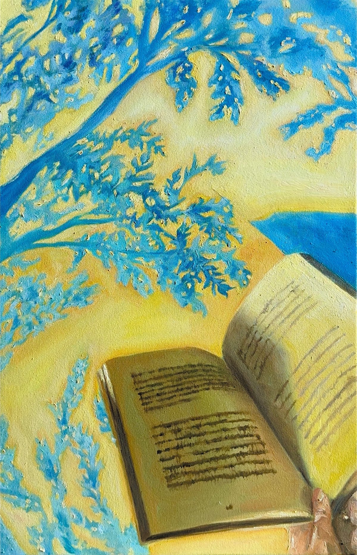 Картина маслом: открытая книга в руке, голубые ветви на жёлтом фоне